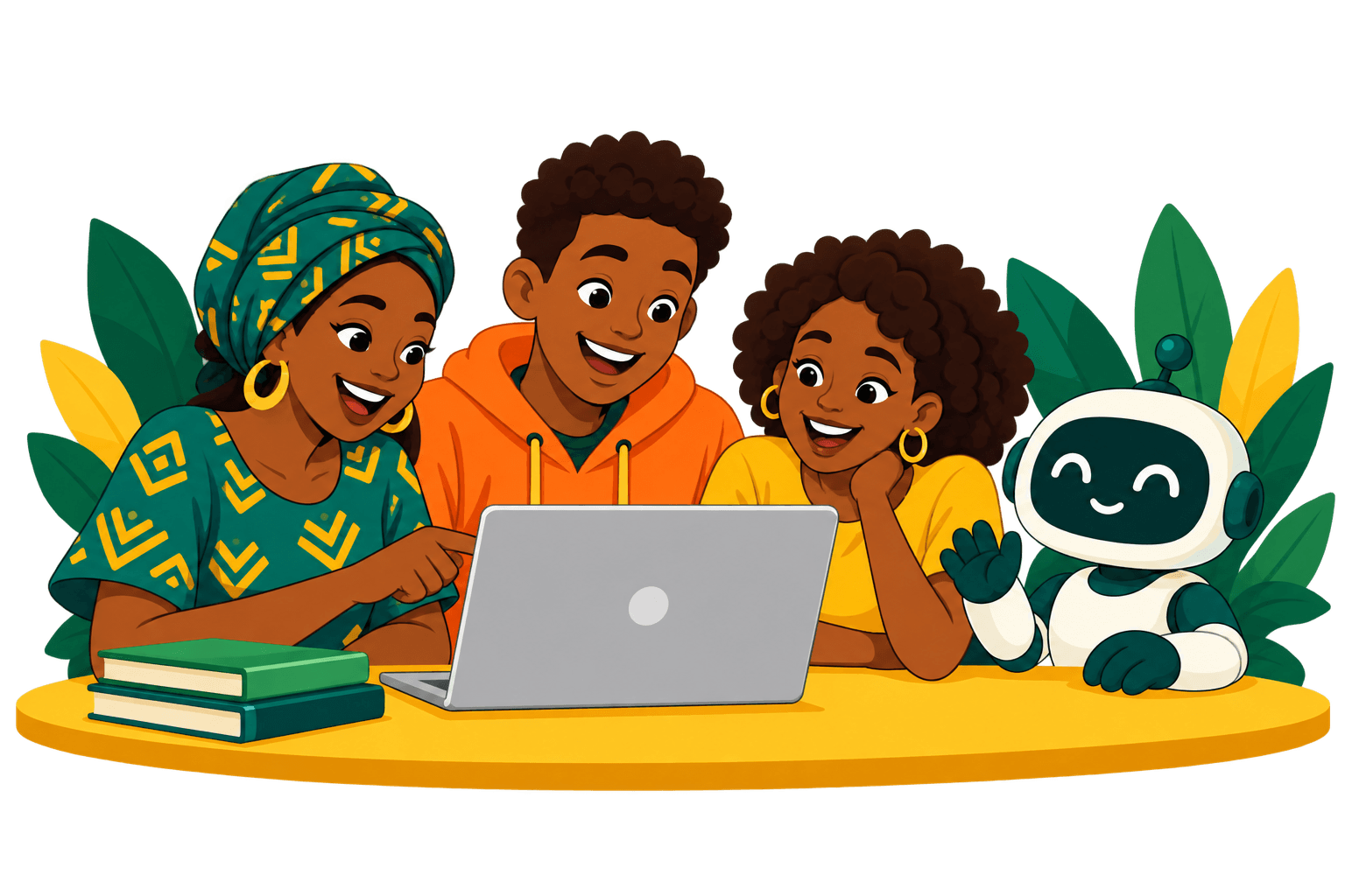 African learners and a friendly robot sharing a laptop