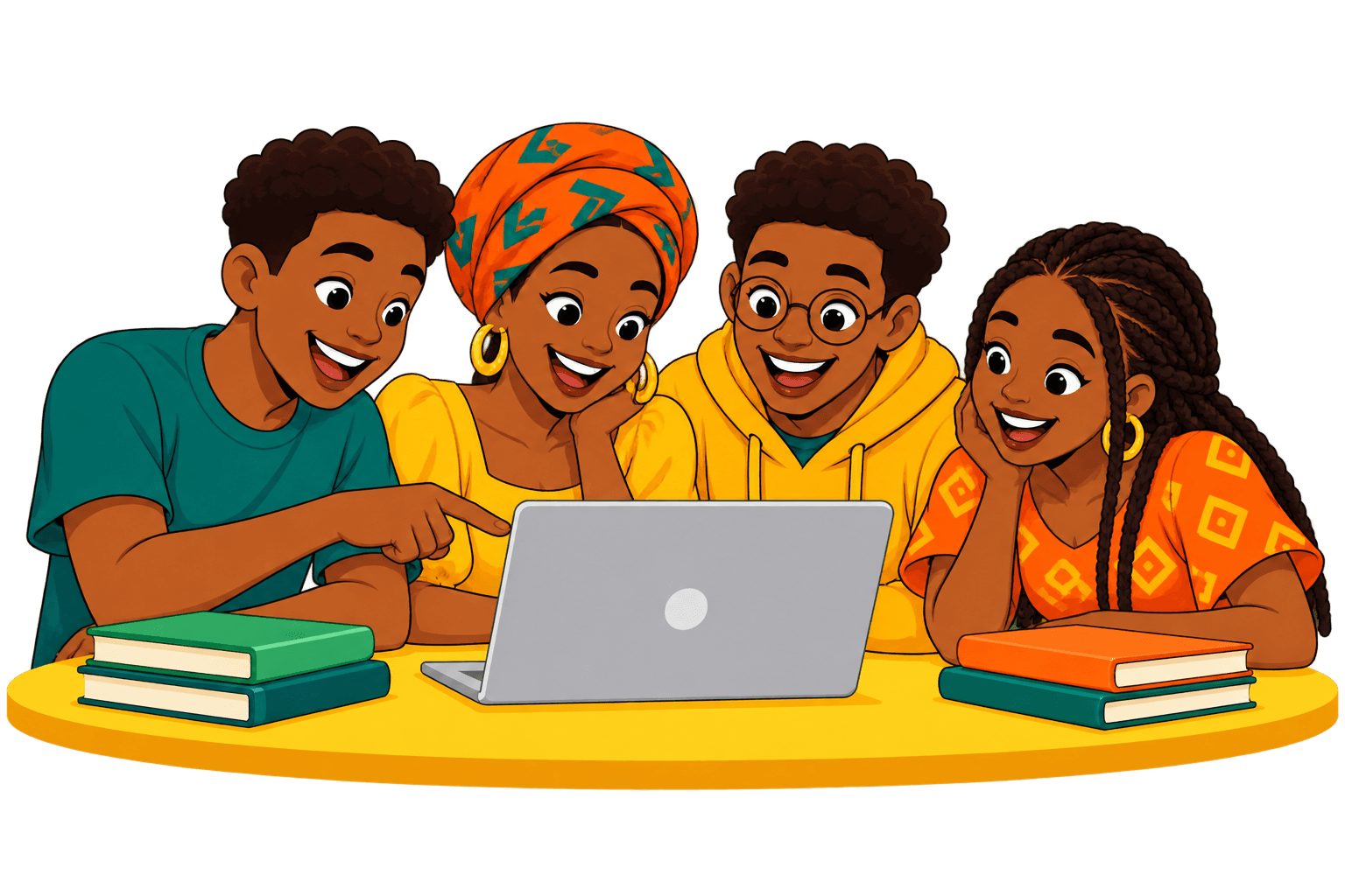 Four friends sharing stories around a laptop